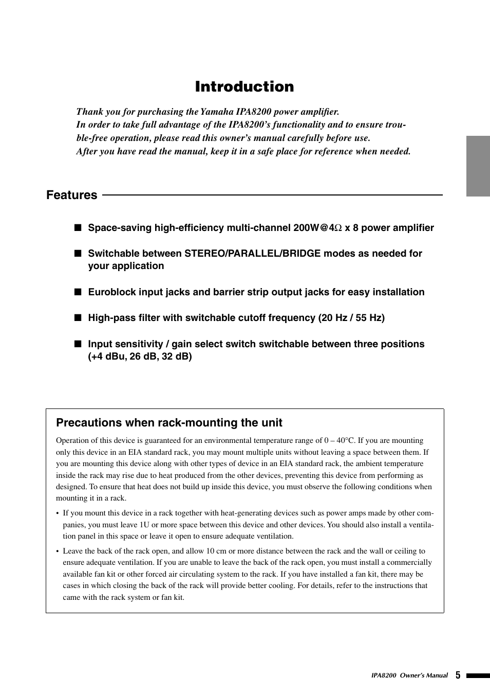 Introduction, Features, Precautions when rack-mounting the unit | Yamaha IPA8200 User Manual | Page 5 / 19