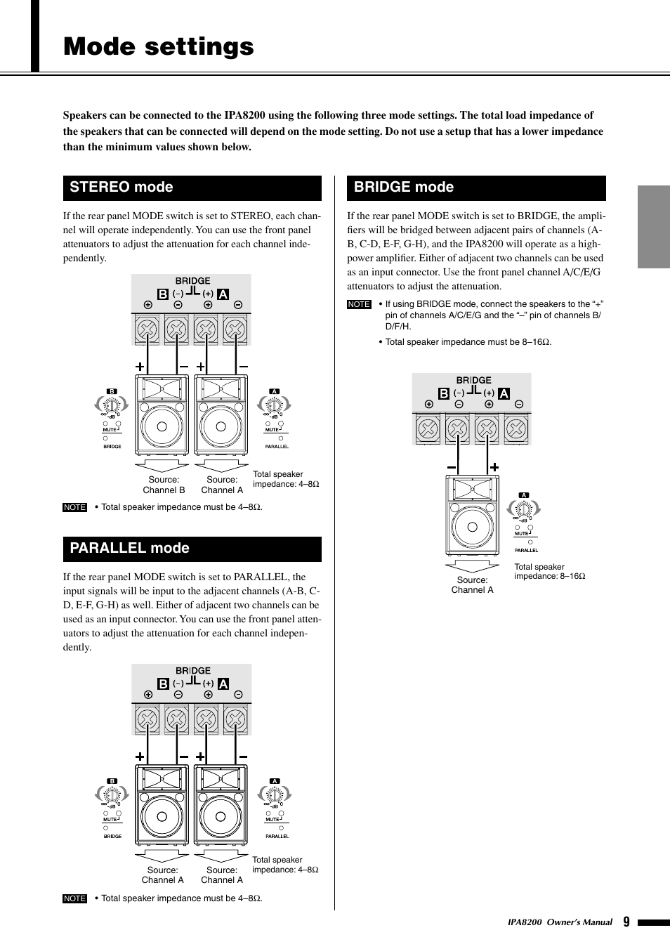 Mode settings, Stereo mode, Parallel mode | Bridge mode, Stereo mode parallel mode | Yamaha IPA8200 User Manual | Page 9 / 19