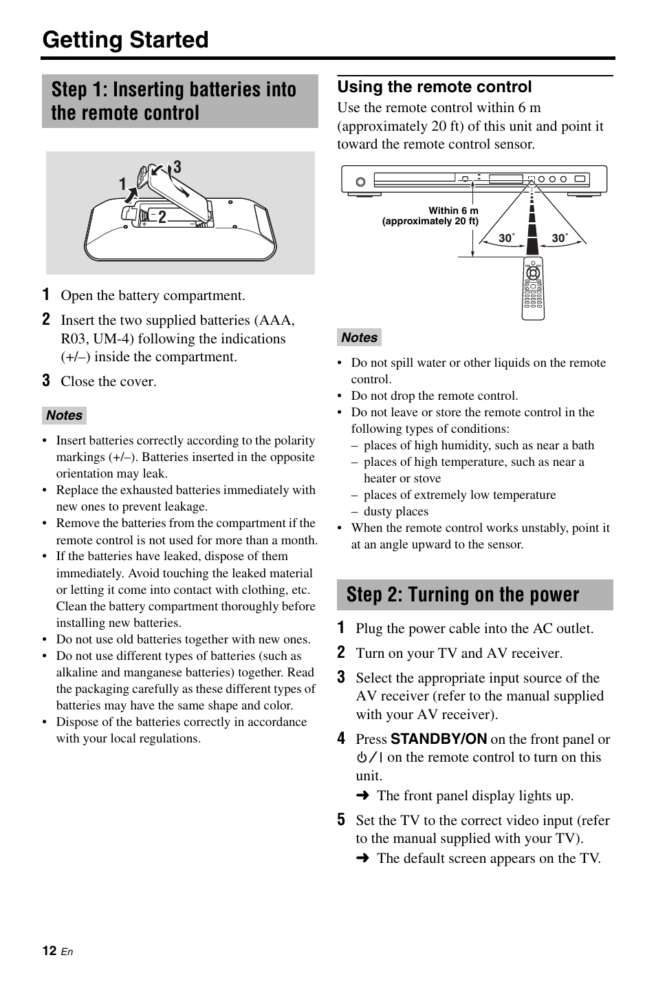 Getting started, Using the remote control, Step 2: turning on the power | Yamaha DV-S6160 User Manual | Page 16 / 46