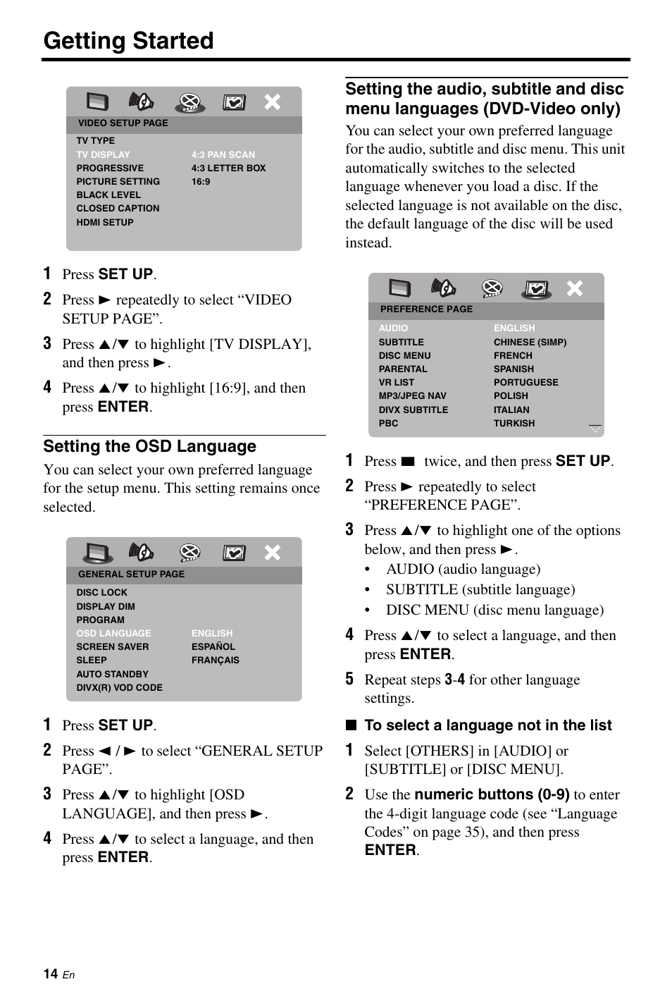 Setting the osd language, Setting the audio, subtitle and disc menu, Languages (dvd-video only) | Getting started | Yamaha DV-S6160 User Manual | Page 18 / 46