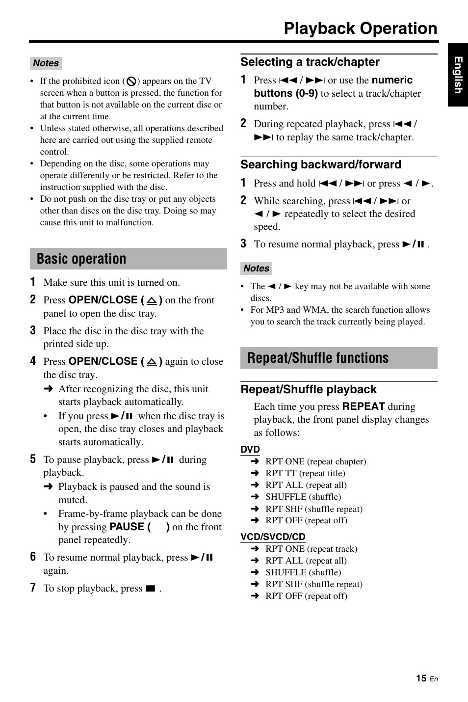 Playback operation, Basic operation, Selecting a track/chapter | Searching backward/forward, Repeat/shuffle functions, Repeat/shuffle playback, Selecting a track/chapter 1, Searching backward/forward 1 | Yamaha DV-S6160 User Manual | Page 19 / 46
