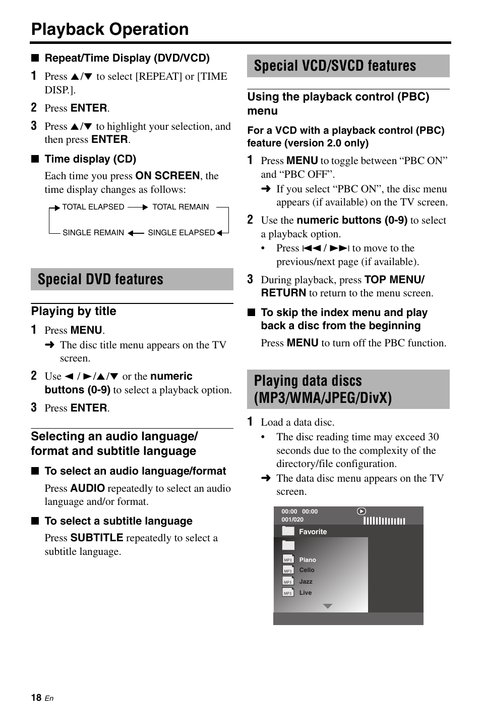 Special dvd features, Playing by title, Special vcd/svcd features | Using the playback control (pbc) menu, Playing data discs (mp3/wma/jpeg/divx), Selecting an audio language/format, And subtitle language, Playing data discs (mp3/wma/ jpeg/divx), Playback operation | Yamaha DV-S6160 User Manual | Page 22 / 46