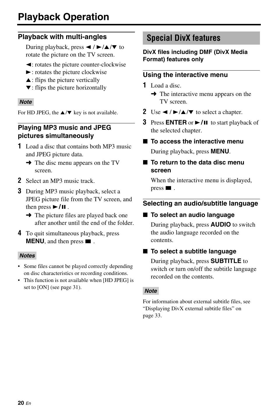 Playback with multi-angles, Playing mp3 music and jpeg pictures simultaneously, Special divx features | Using the interactive menu, Selecting an audio/subtitle language, Playing mp3 music and jpeg picture, Simultaneously, Playback operation | Yamaha DV-S6160 User Manual | Page 24 / 46