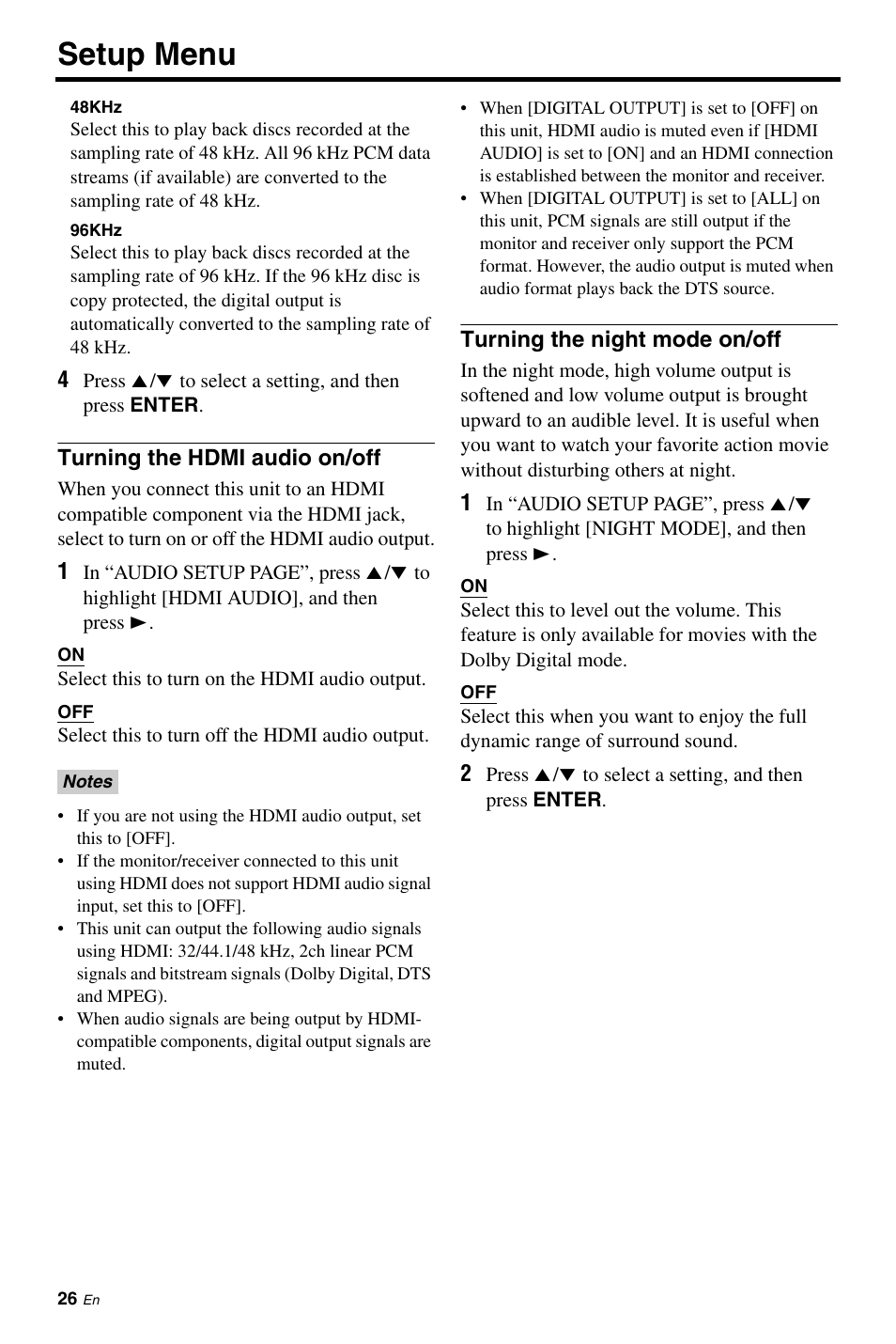 Turning the hdmi audio on/off, Turning the night mode on/off, Setup menu | Yamaha DV-S6160 User Manual | Page 30 / 46