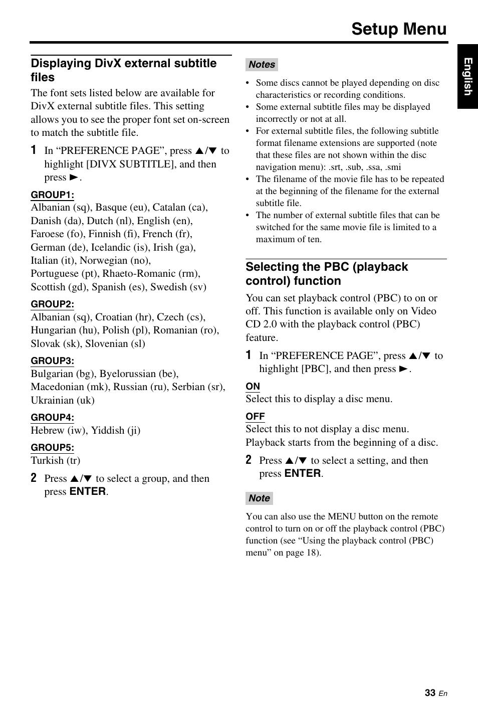 Displaying divx external subtitle files, Selecting the pbc (playback control) function, Selecting the pbc (playback control) | Function, Setup menu | Yamaha DV-S6160 User Manual | Page 37 / 46