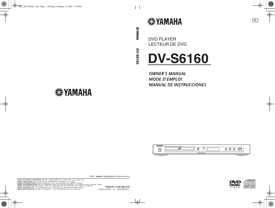 Dv-s6160, Dvd player lecteur de dvd | Yamaha DV-S6160 User Manual | Page 46 / 46