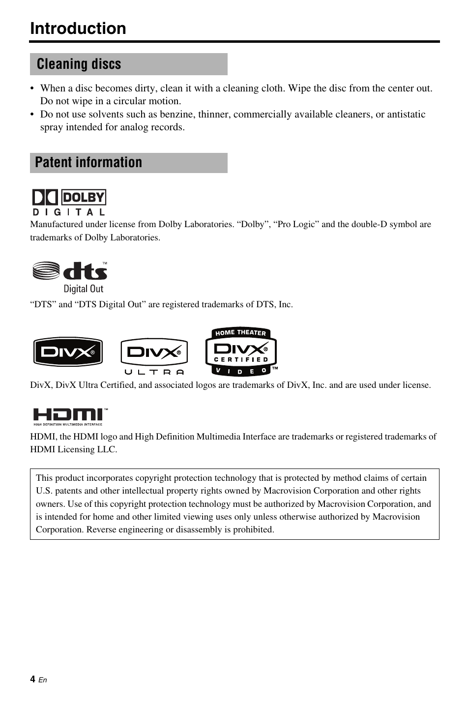 Cleaning discs, Patent information, Cleaning discs patent information | Introduction | Yamaha DV-S6160 User Manual | Page 8 / 46