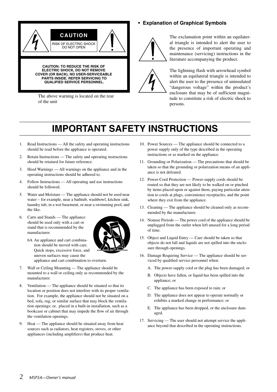 Important safety instructions | Yamaha MSP5A User Manual | Page 2 / 8