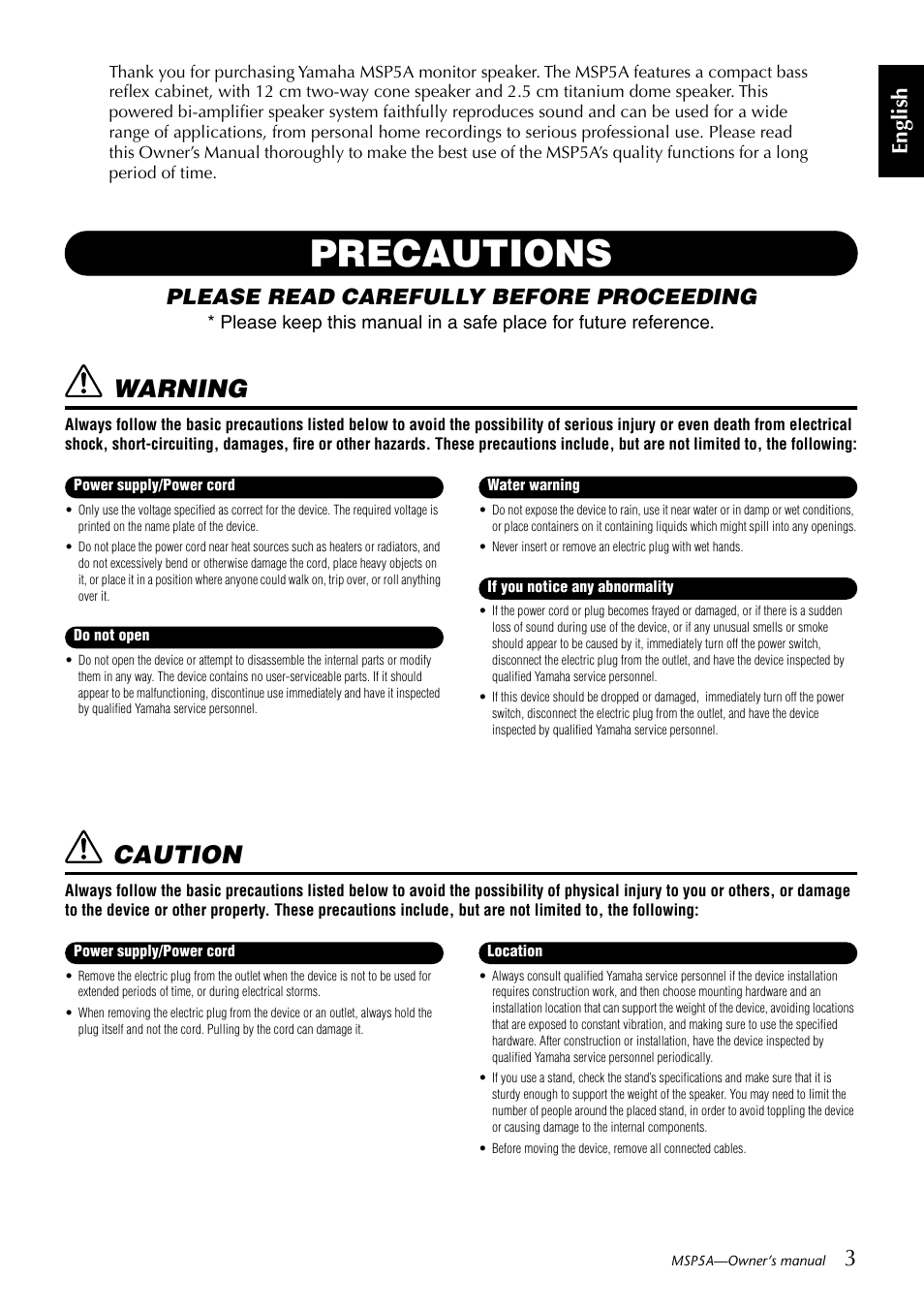 Msp5a owner’s manual, Precautions, Warning | Caution, English, Please read carefully before proceeding | Yamaha MSP5A User Manual | Page 3 / 8