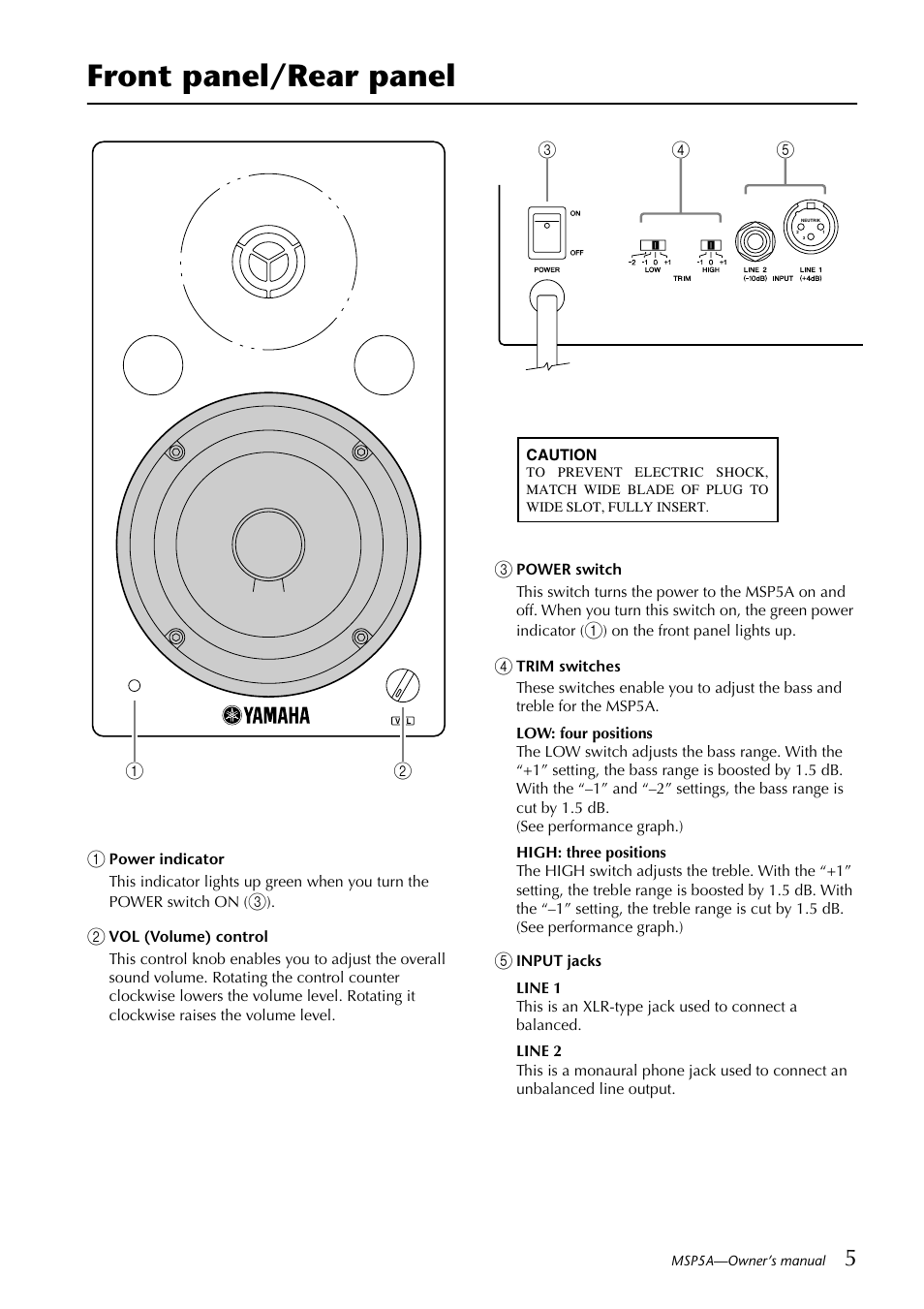 Front panel/rear panel | Yamaha MSP5A User Manual | Page 5 / 8