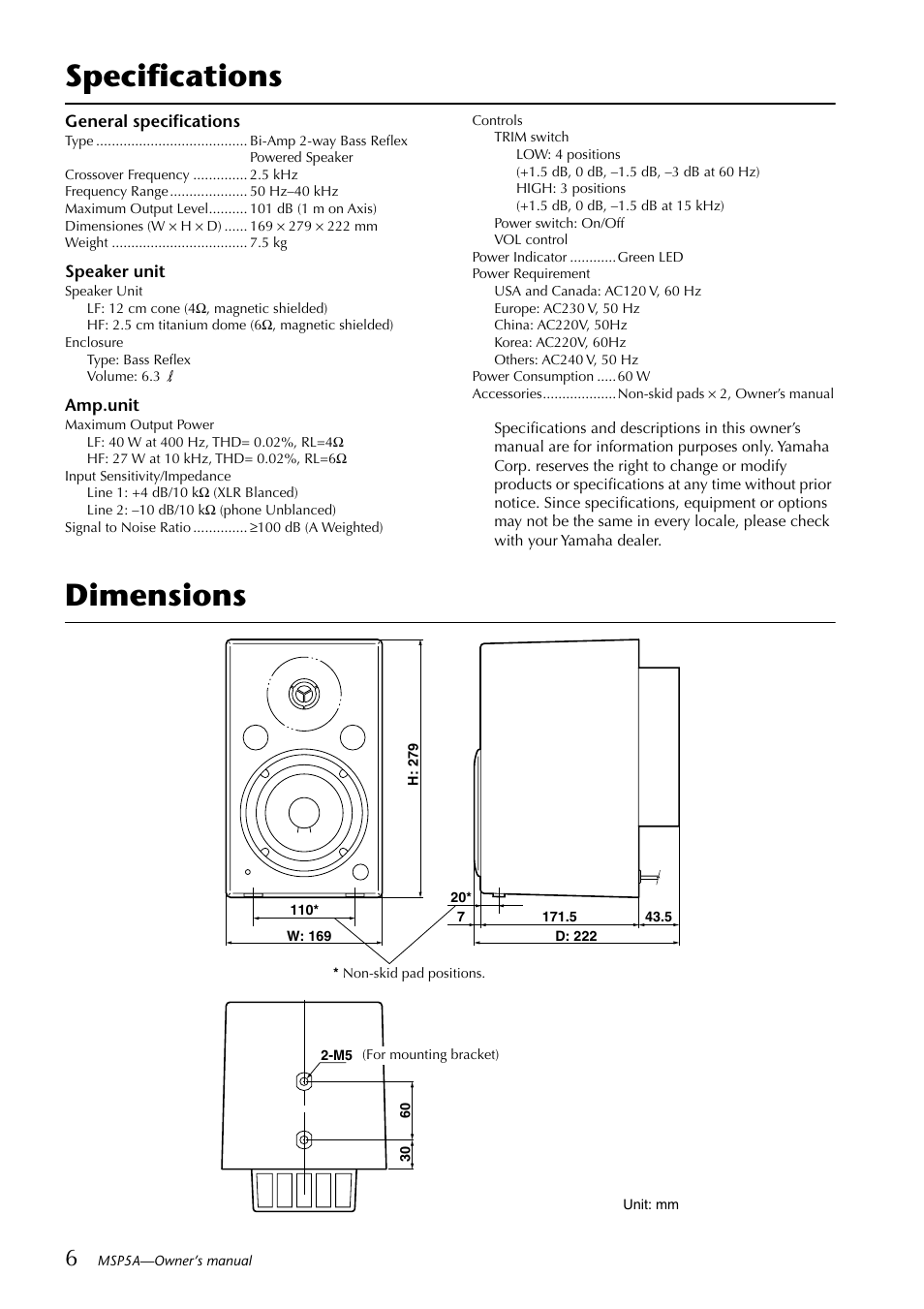 Specifications, Dimensions | Yamaha MSP5A User Manual | Page 6 / 8