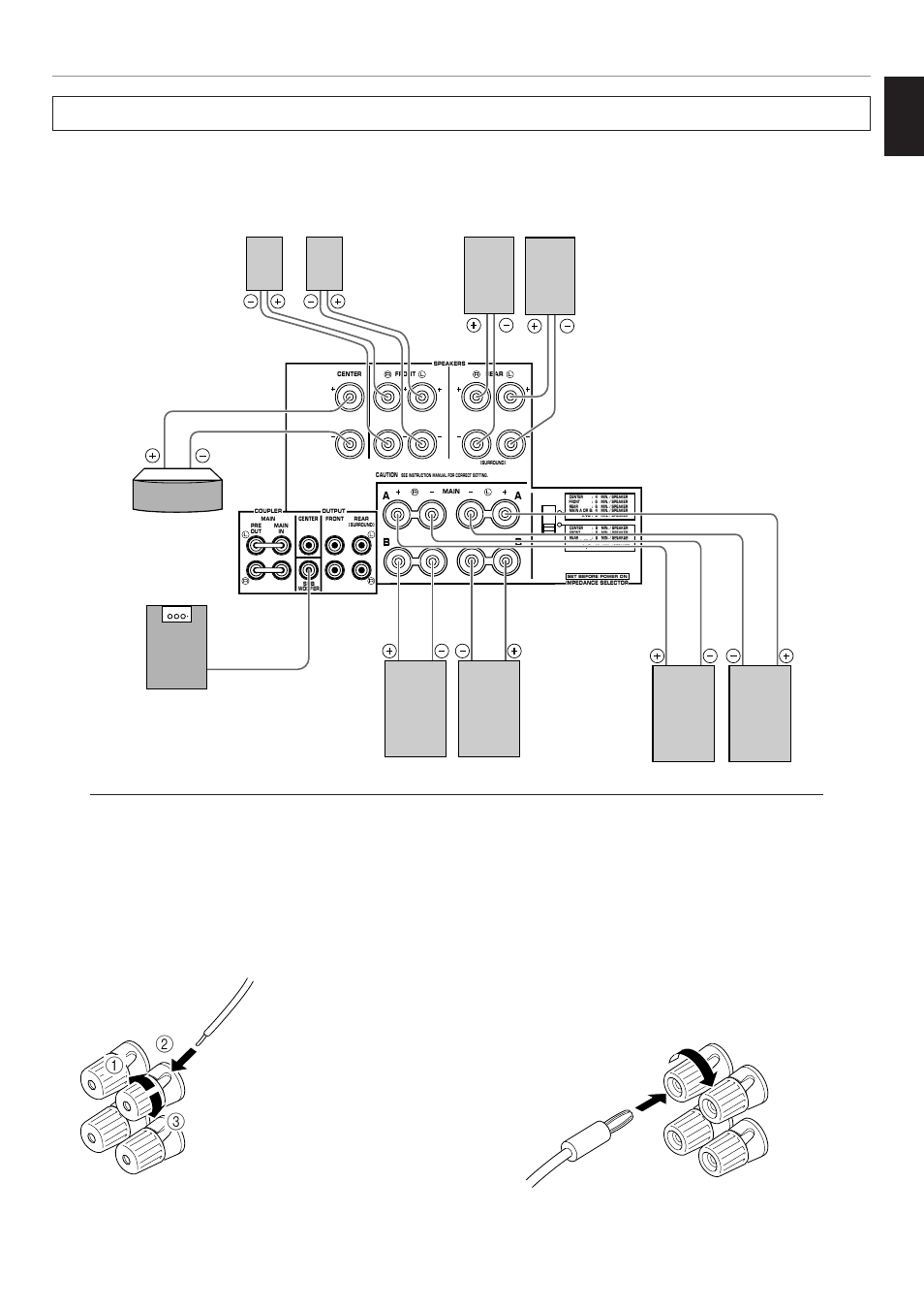 Speakers, English, How to connect | Loosen the knob, Tighten the knob and secure the wire, China and general models only, Main speakers b, Preparation | Yamaha DSP-A2 User Manual | Page 23 / 78