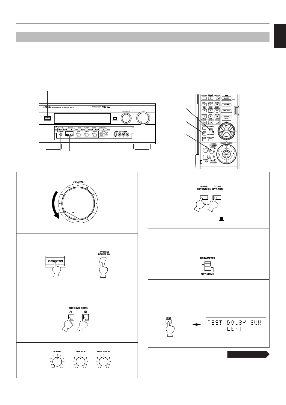 Speaker balance adjustment, English, Continued | Set to the, Position, Turn on the power, Set to the “0” position, Set to the “off ( ), Vcr 2 video aux, Vcr 1 tv/dbs phono tuner cd dvd/ld source tape/md | Yamaha DSP-A2 User Manual | Page 31 / 78