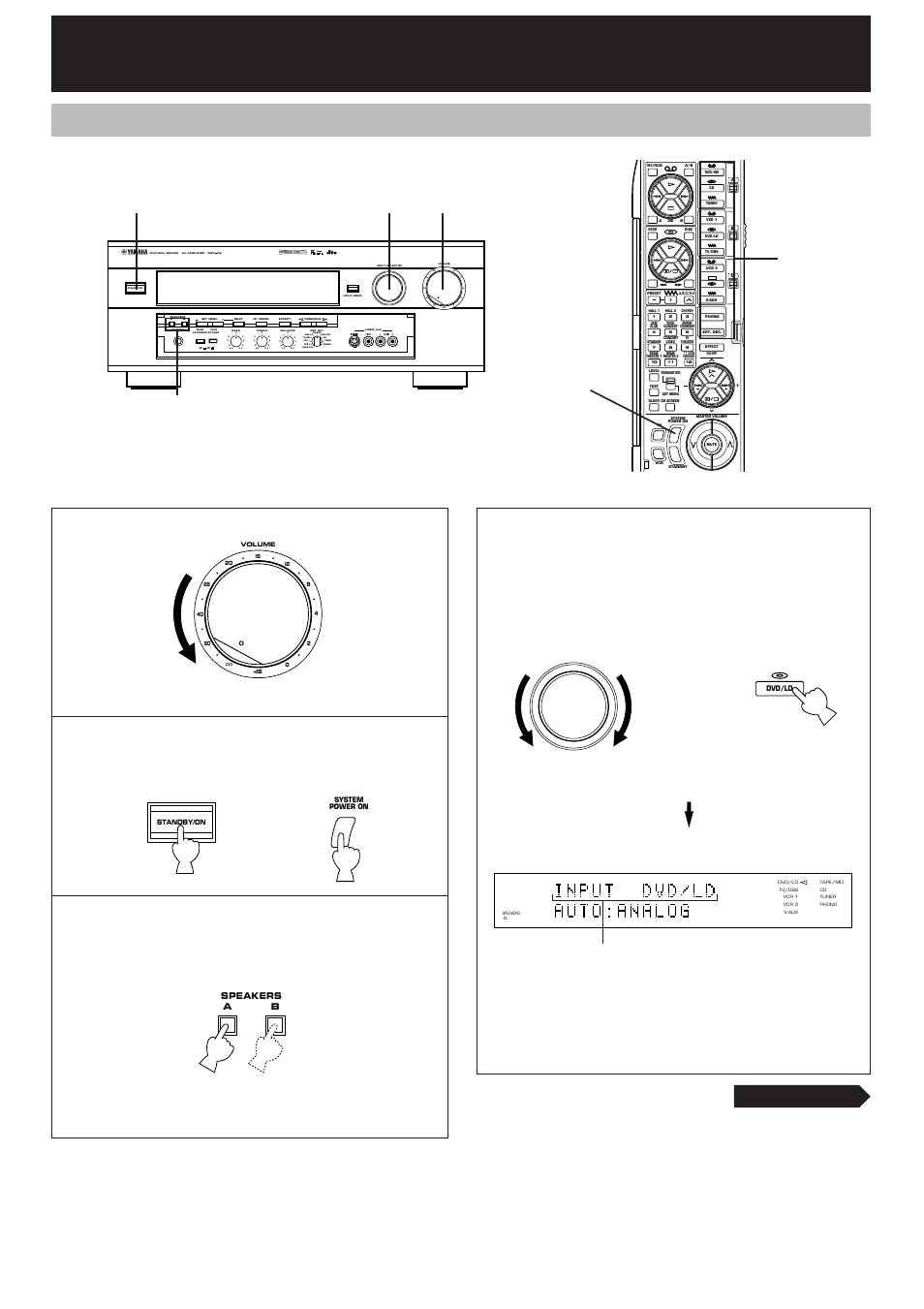 Basic operation, Playing a source, Continued | Set to the, Position, Turn on the power, Vcr 2 video aux, Vcr 1 tv/dbs phono tuner cd dvd/ld source tape/md, Front panel or remote control, Front panel | Yamaha DSP-A2 User Manual | Page 34 / 78