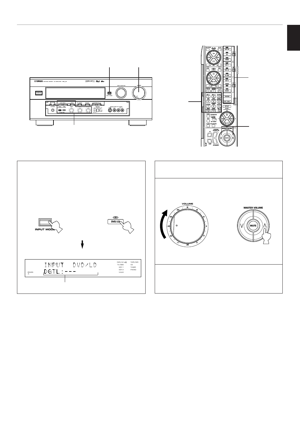 English, Vcr 2 video aux, Vcr 1 tv/dbs phono tuner cd dvd/ld source tape/md | Play the source, Adjust the output level, Front panel or remote control, Basic operation | Yamaha DSP-A2 User Manual | Page 35 / 78