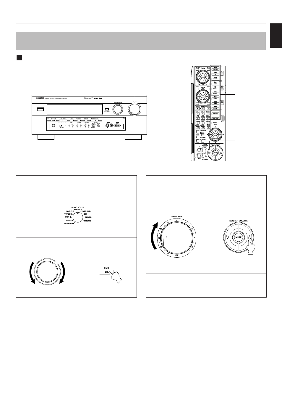Recording the playing source to tape (or md), English, Set the rec out selector to the source position | Select the source you want to record, Vcr 2 video aux, Vcr 1 tv/dbs phono tuner cd dvd/ld source tape/md, Front panel or remote control, Basic operation | Yamaha DSP-A2 User Manual | Page 39 / 78