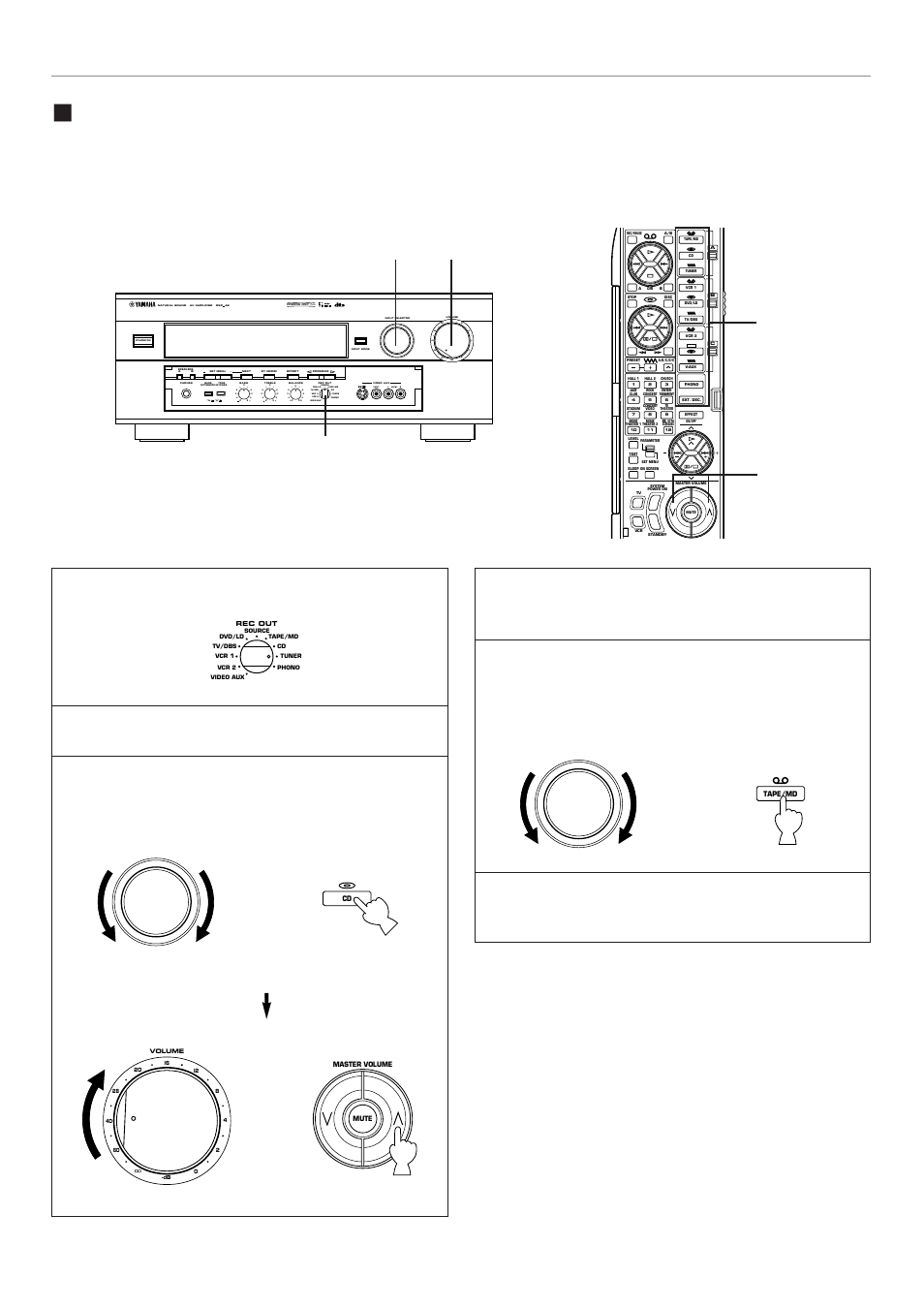 Select the source you want to record, Play the source, Vcr 2 video aux | Vcr 1 tv/dbs phono tuner cd dvd/ld source tape/md, Front panel or or remote control, Basic operation | Yamaha DSP-A2 User Manual | Page 40 / 78