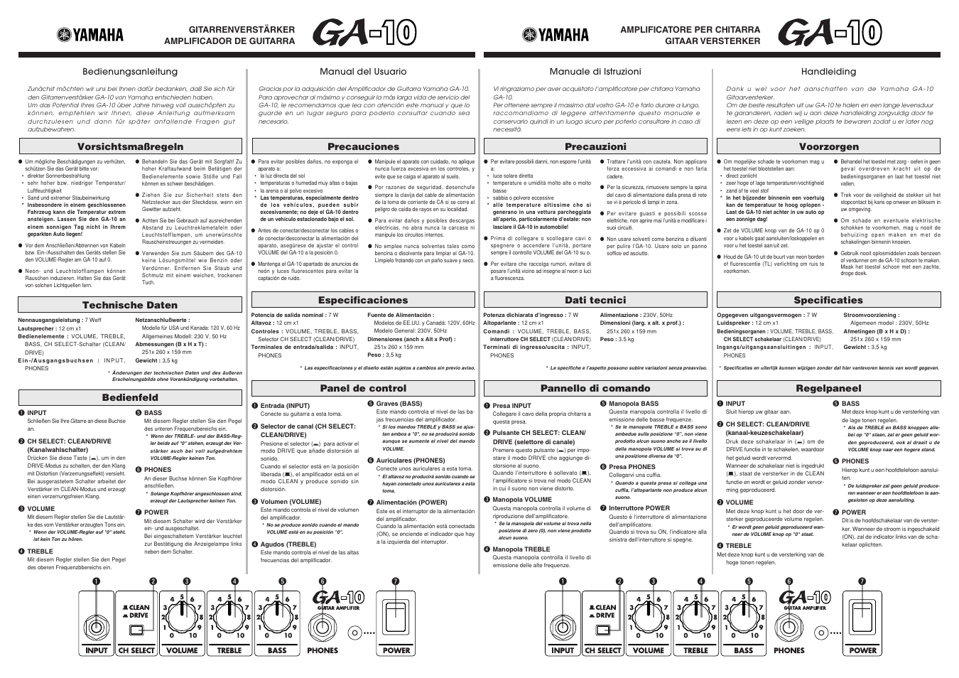 Vorsichtsmaßregeln, Bedienfeld technische daten, Precauciones | Panel de control especificaciones, Precauzioni, Pannello di comando dati tecnici, Voorzorgen, Regelpaneel specificaties | Yamaha GA-10 User Manual | Page 2 / 2