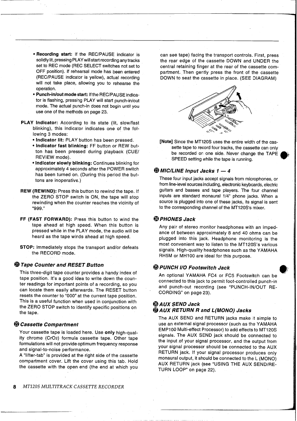 Ф tape counter and reset button, Cassette compartment, Mic/line input jacks 1—4 | Phones jack, Aux send jack | Yamaha MT120S User Manual | Page 10 / 81