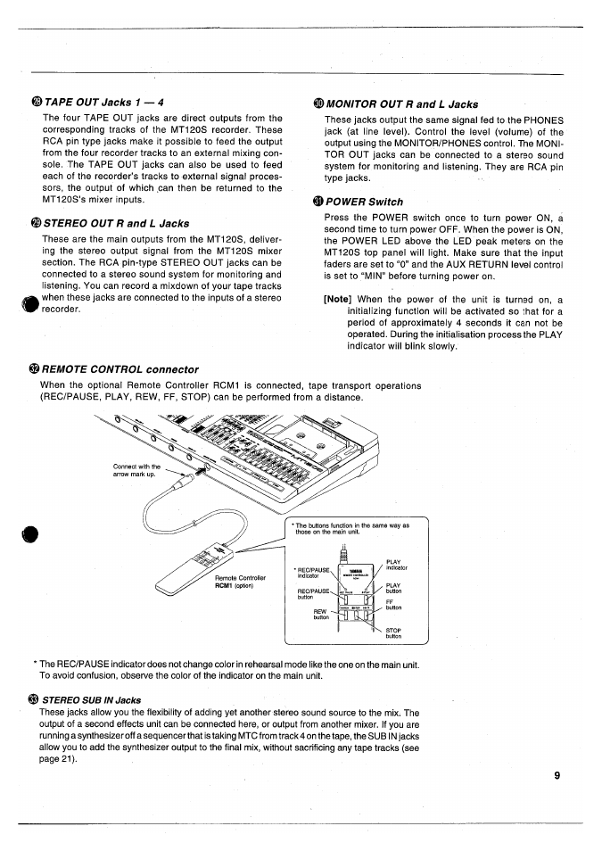 Tape out jacks 1 — 4, Stereo out r and l jacks, Monitor out r and l jacks | Power switch, Remote control connector | Yamaha MT120S User Manual | Page 11 / 81