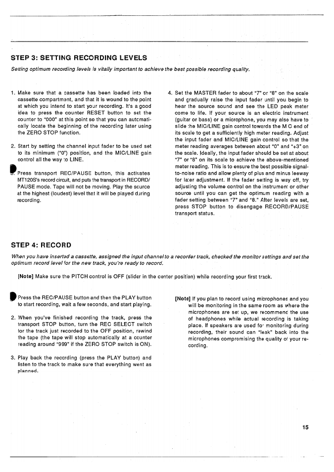 Step 3: setting recording levels, Step 4: record, Step 3: setting recording levels step 4: record | Yamaha MT120S User Manual | Page 17 / 81