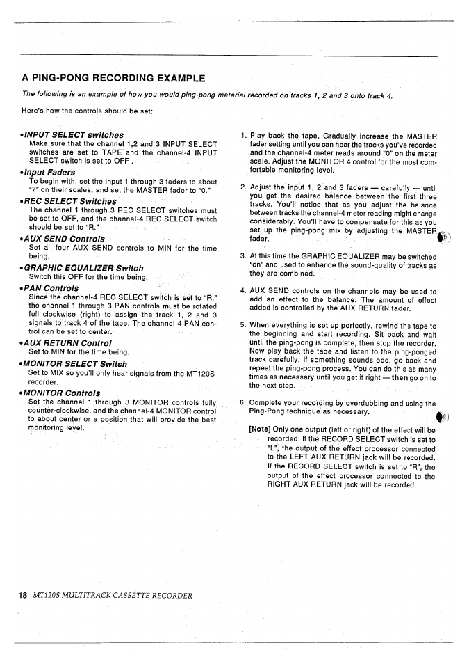 A ping-pong recording example, Input select switches | Yamaha MT120S User Manual | Page 20 / 81