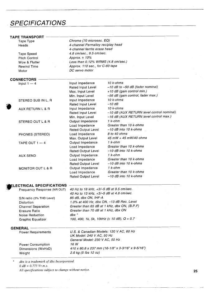 Specifications | Yamaha MT120S User Manual | Page 27 / 81