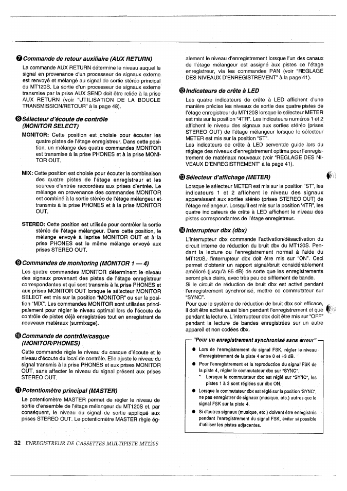 Sélecteur d’écoute de contrôle (monitor select), Commandes de monitoring (monitor 1 — 4), Commande de contrôle/casque (monitor/phones) | Potentiomètre principal (master), Indicateurs de crête à led, Sélecteur d’affichage (meter), Interrupteur dbx (dbx) | Yamaha MT120S User Manual | Page 33 / 81