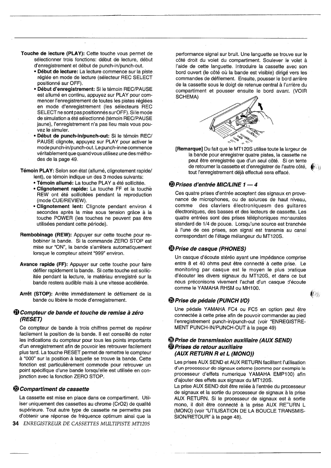 Compartiment de cassette, Prises d’entrée mic/line 1 — 4, Prise de casque (phones) | Prise de pédaie (punch i/0), Prise de transmission auxiiiaire (auxsend) | Yamaha MT120S User Manual | Page 35 / 81