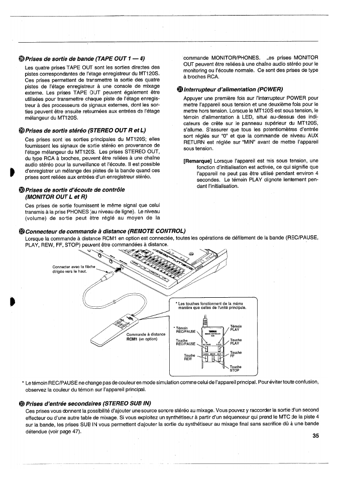 Prises de sortie de bande (tape out 1 — 4), Prises de sortie stéréo (stereo out r et l), Connecteur de commande à distance (remote control) | Prises d’entrée secondaires (stereo sur in) | Yamaha MT120S User Manual | Page 36 / 81