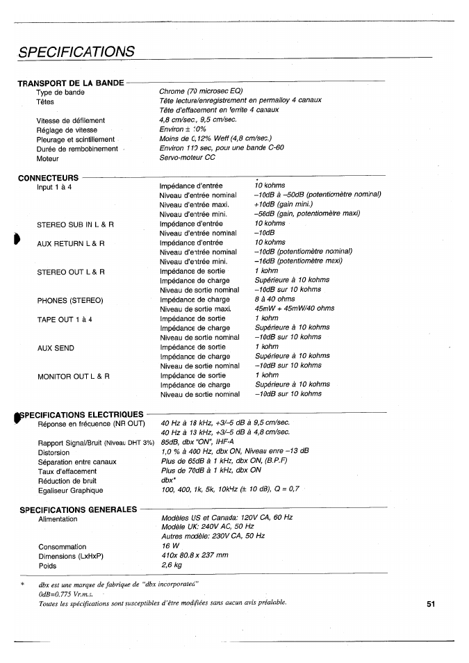 Specifications | Yamaha MT120S User Manual | Page 52 / 81