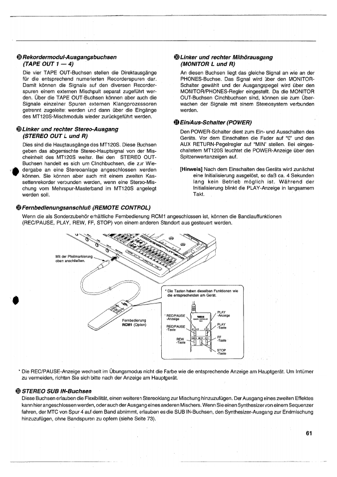 Rekordermodul-ausgangsbuchsen (tape out 1—4), Linker und rechter mithörausgang (monitor l und r), Ein/aus-schalter (power) | Fernbedienungsanschluß (remote control), Stereo sub in-buchsen | Yamaha MT120S User Manual | Page 61 / 81