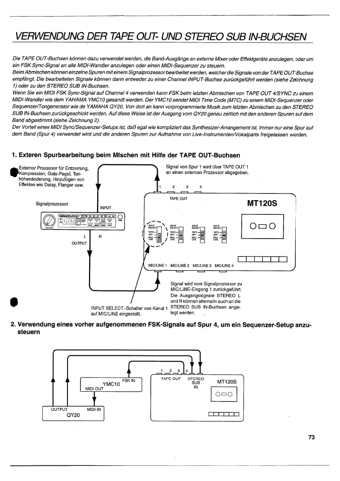 Verwendung der tape out- und stereo subin-buchsen | Yamaha MT120S User Manual | Page 73 / 81