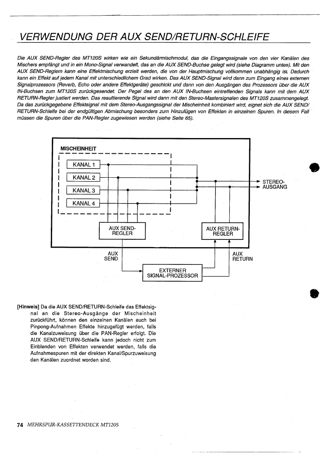 Verwendung der aux send/return-schleife | Yamaha MT120S User Manual | Page 74 / 81