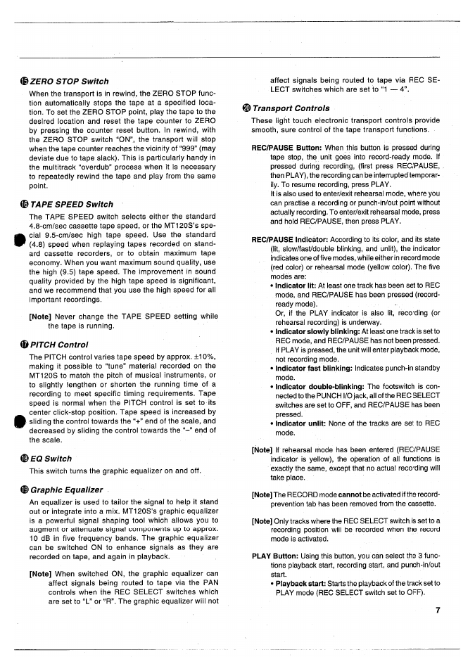 Zero stop switch, Tape speed switch, Pitch controi | Graphic equaiizer, Transport controis | Yamaha MT120S User Manual | Page 9 / 81