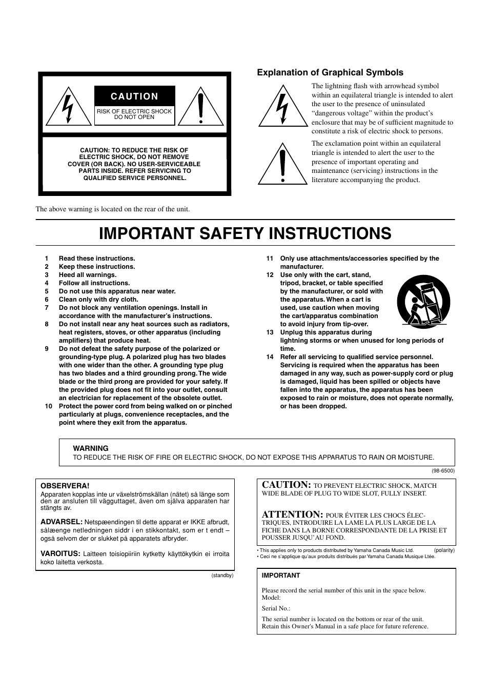 Important safety instructions, Caution, Attention | Explanation of graphical symbols | Yamaha MS101 III User Manual | Page 2 / 9