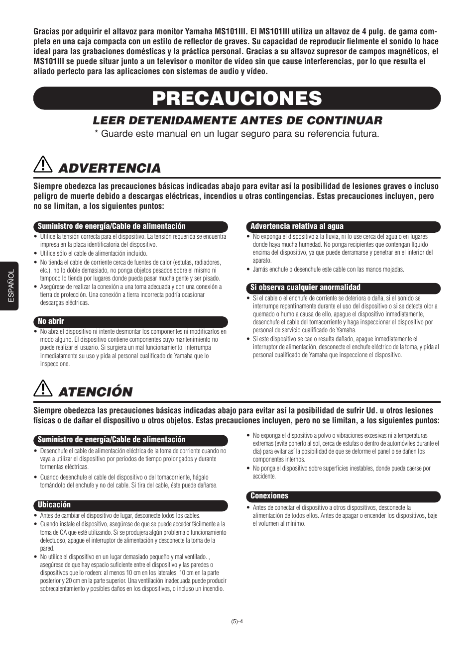 Español, Precauciones, Advertencia | Atención, Leer detenidamente antes de continuar | Yamaha MS101 III User Manual | Page 3 / 9