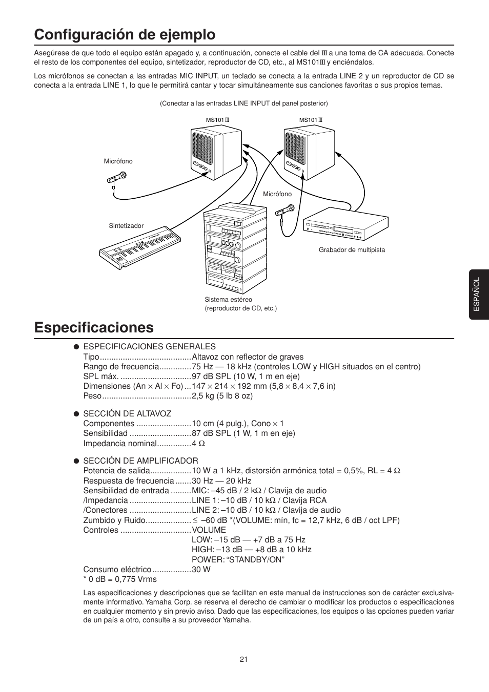 Configuración de ejemplo, Especificaciones | Yamaha MS101 III User Manual | Page 6 / 9