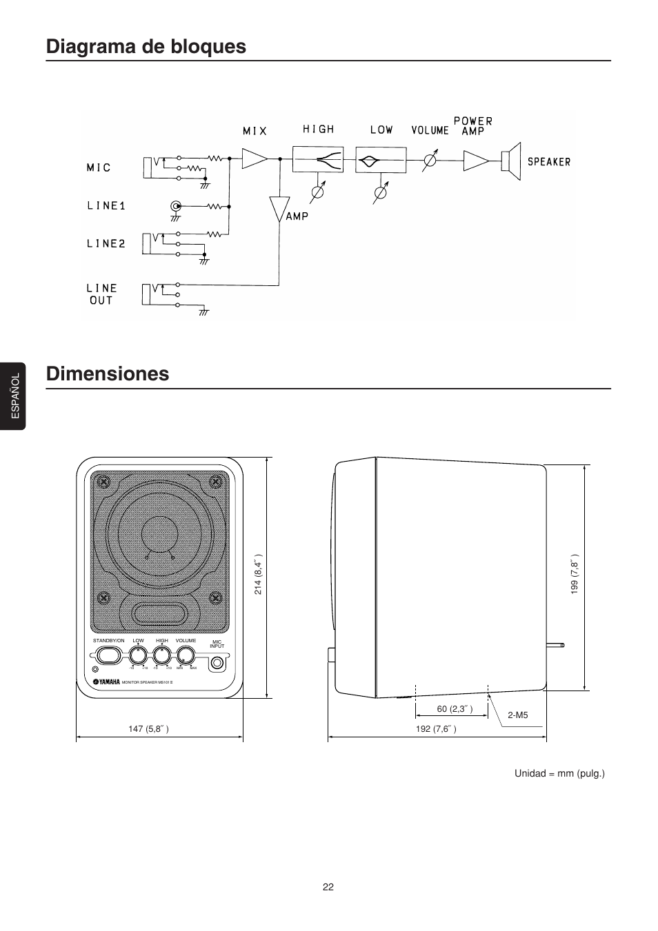 Diagrama de bloques dimensiones, Esp a ñ ol 22, Unidad = mm (pulg.) | Yamaha MS101 III User Manual | Page 7 / 9