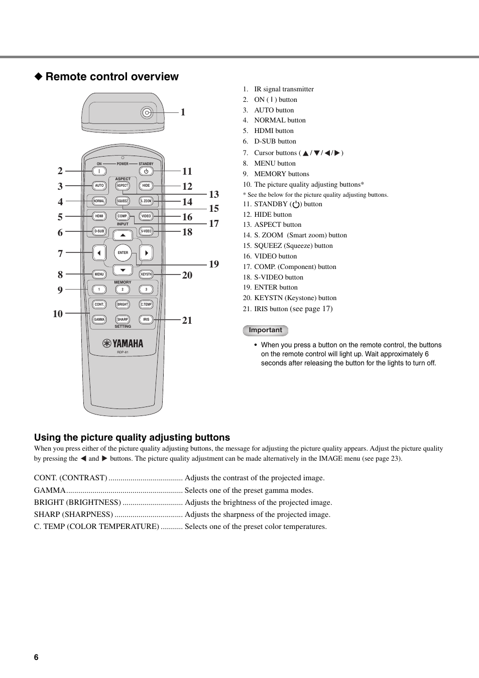 Remote control overview, Using the picture quality adjusting buttons | Yamaha DPX-830 User Manual | Page 10 / 46