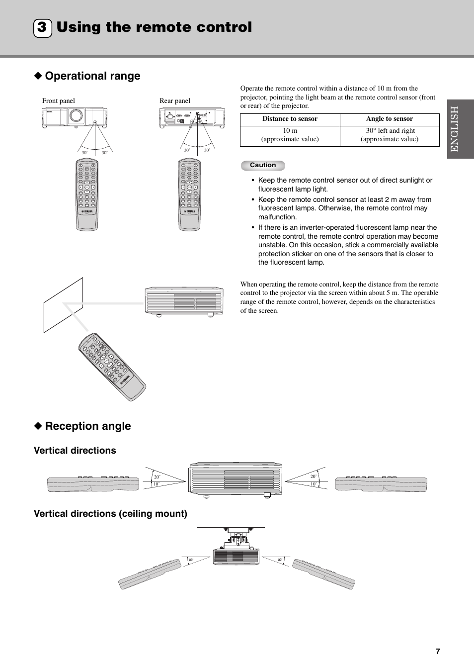 Using the remote control, Operational range, Reception angle | Using the remote control 3, Ac in rdp-81, Rdp-81, Caution | Yamaha DPX-830 User Manual | Page 11 / 46