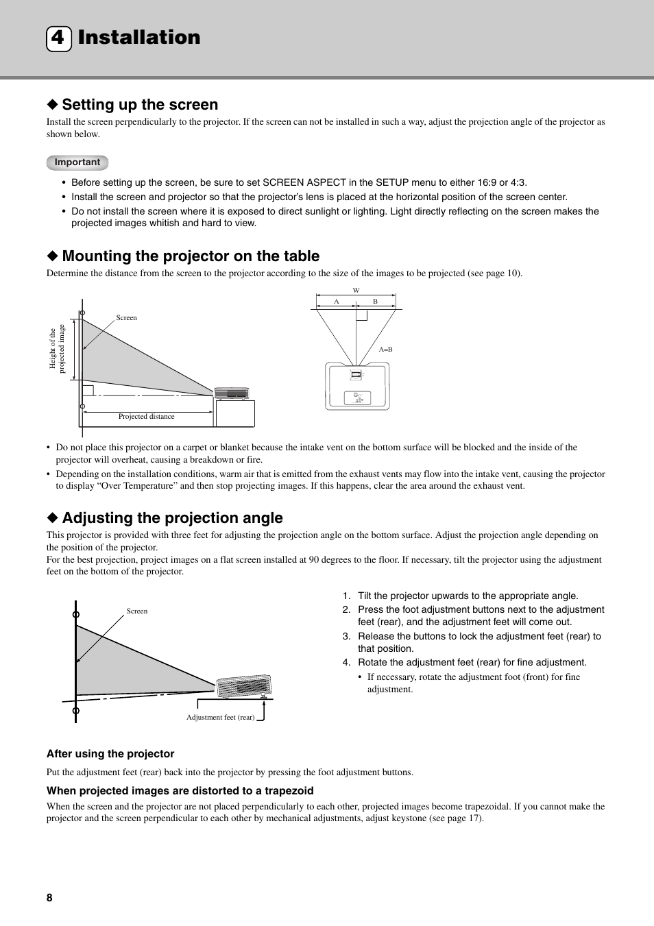 Installation, Setting up the screen, Mounting the projector on the table | Adjusting the projection angle, 4 installation | Yamaha DPX-830 User Manual | Page 12 / 46