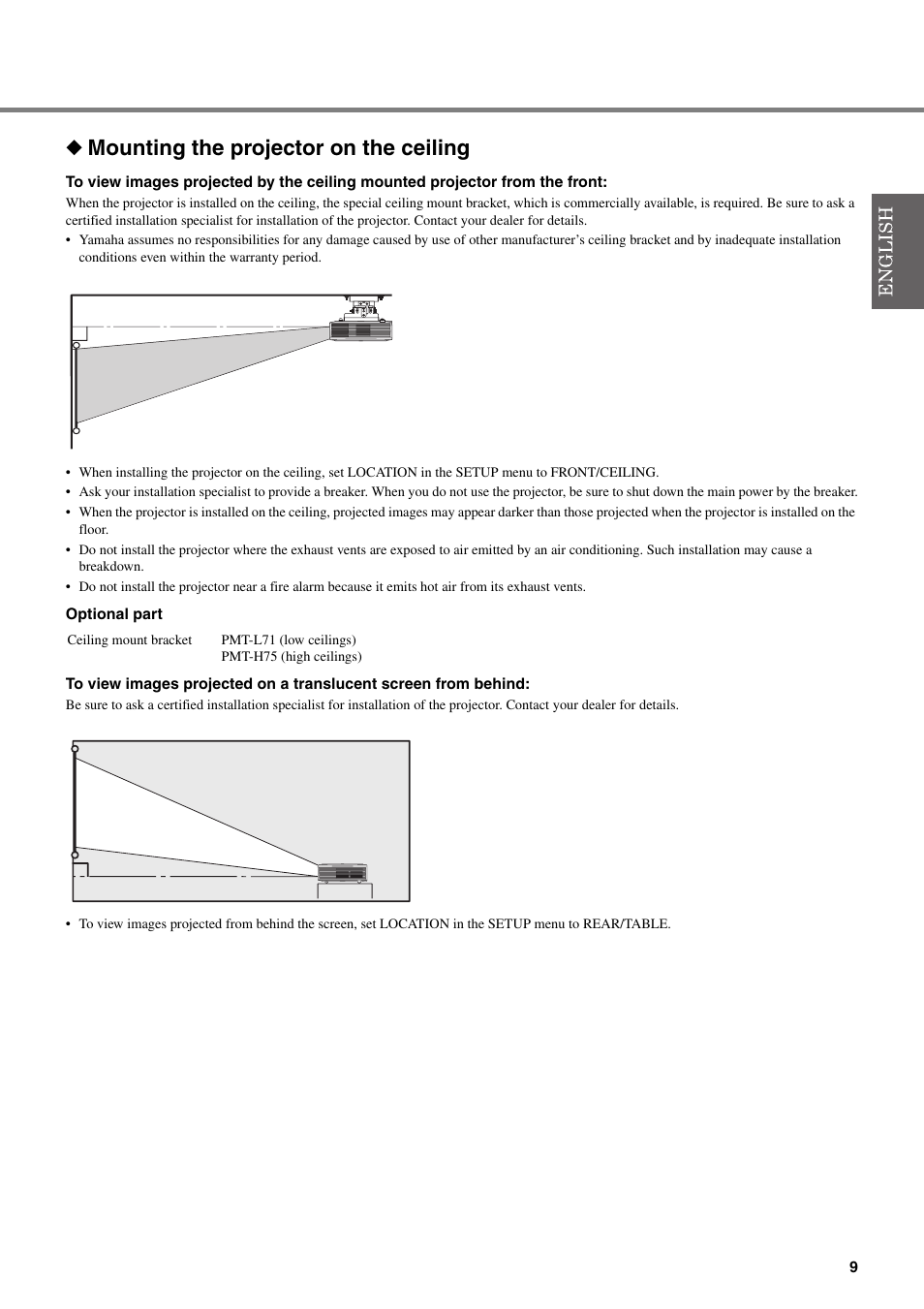 Mounting the projector on the ceiling | Yamaha DPX-830 User Manual | Page 13 / 46