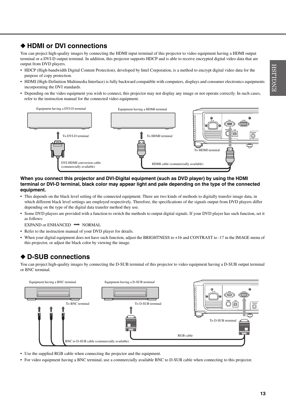 Hdmi or dvi connections, D-sub connections | Yamaha DPX-830 User Manual | Page 17 / 46