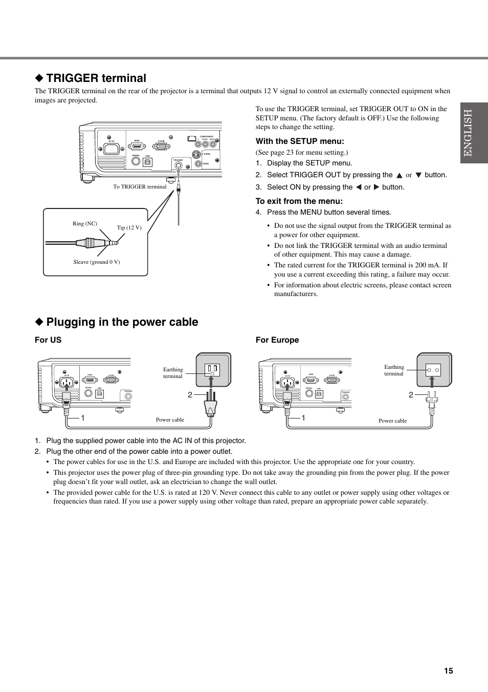 Trigger terminal, Plugging in the power cable, With the setup menu | For us for europe | Yamaha DPX-830 User Manual | Page 19 / 46