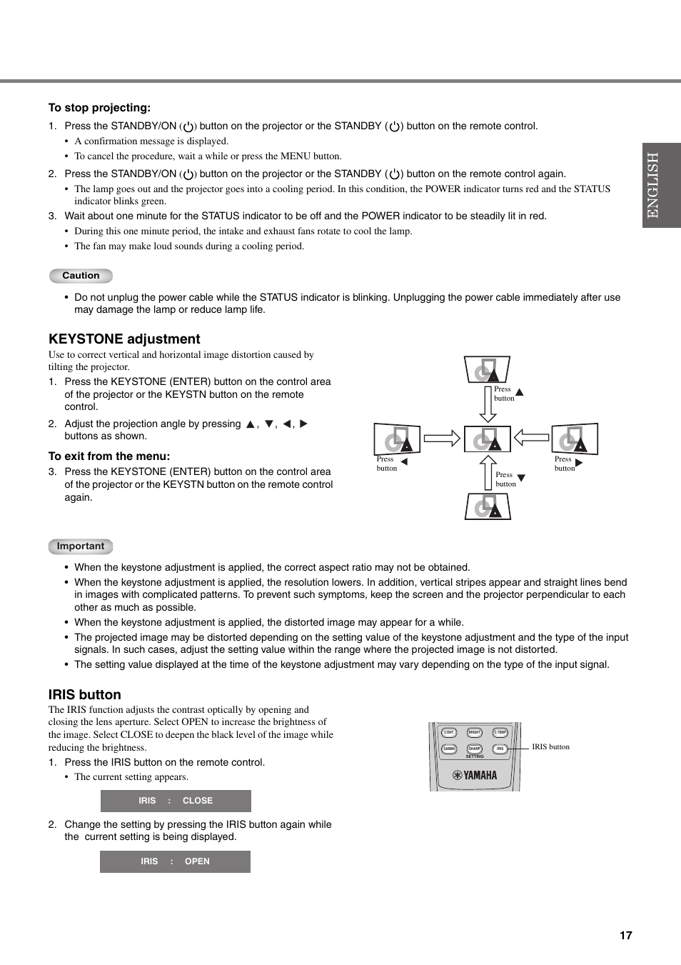 Keystone adjustment, Iris button | Yamaha DPX-830 User Manual | Page 21 / 46