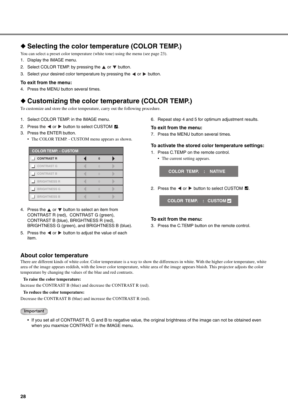 Selecting the color temperature (color temp.), Customizing the color temperature (color temp.), About color temperature | Yamaha DPX-830 User Manual | Page 32 / 46