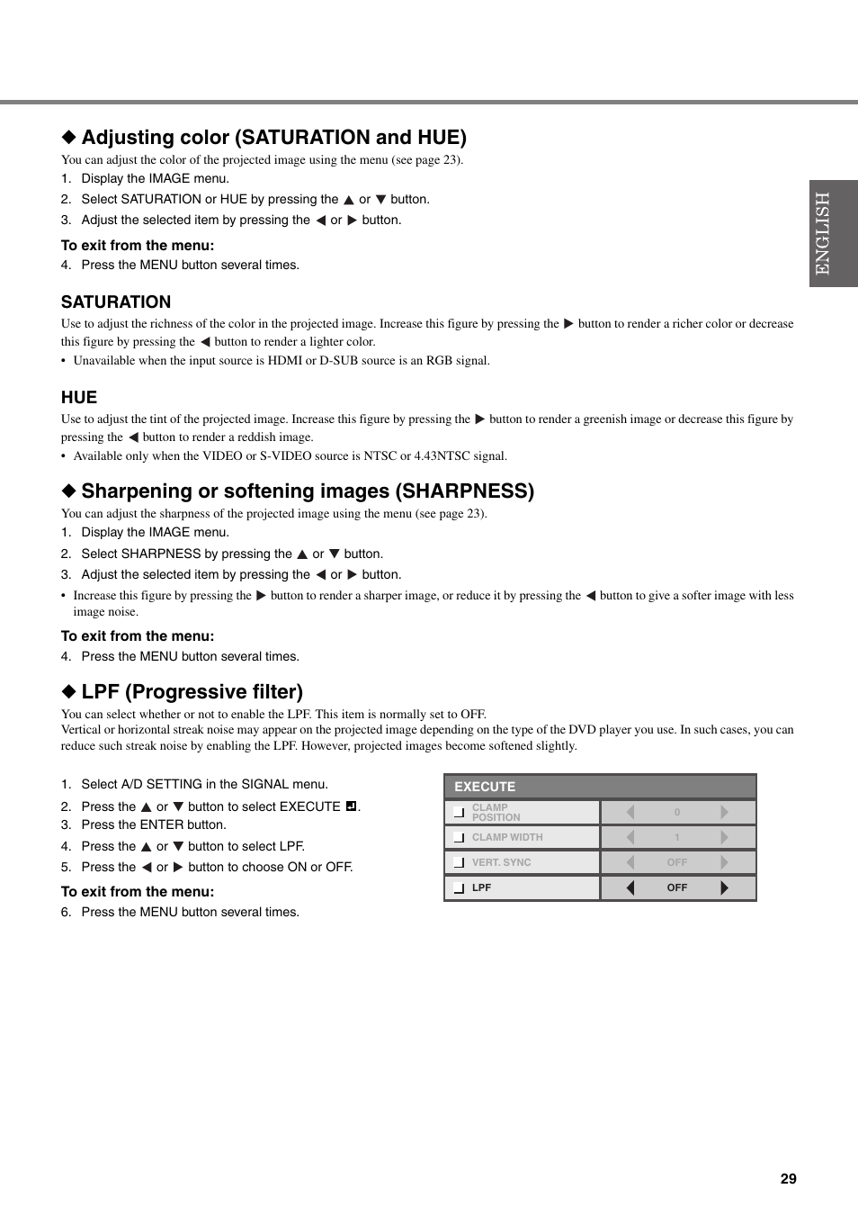Adjusting color (saturation and hue), Saturation, Sharpening or softening images (sharpness) | Lpf (progressive filter) | Yamaha DPX-830 User Manual | Page 33 / 46