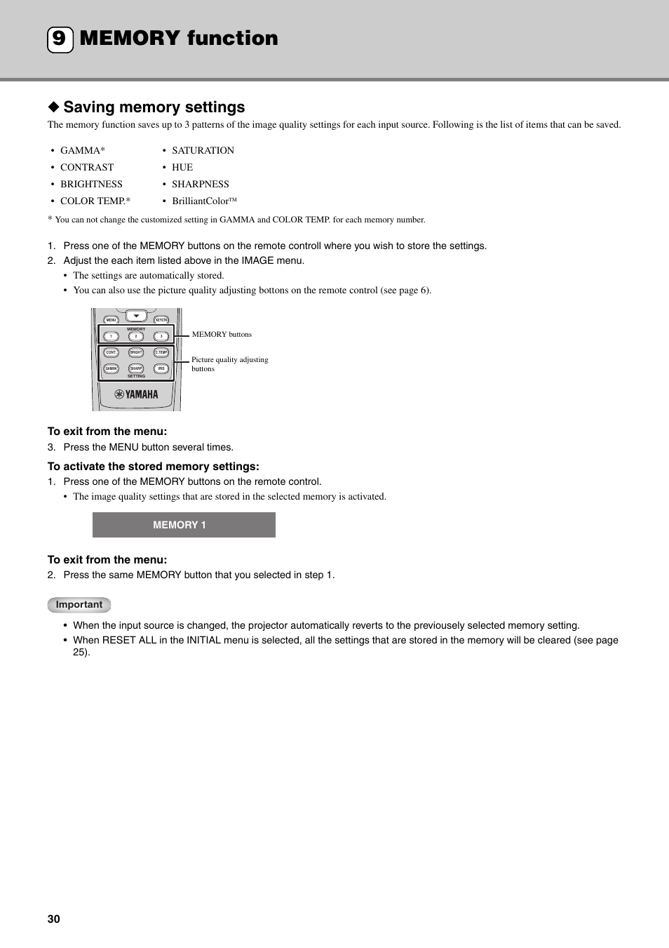 Memory function, Saving memory settings | Yamaha DPX-830 User Manual | Page 34 / 46