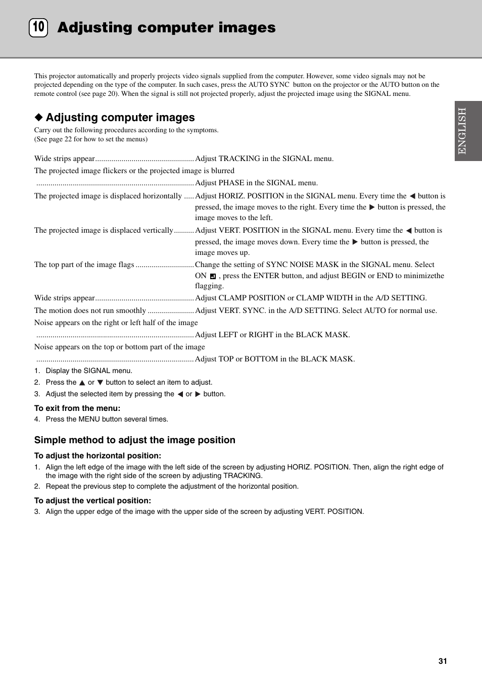 Adjusting computer images, Simple method to adjust the image position, 10 adjusting computer images | Yamaha DPX-830 User Manual | Page 35 / 46